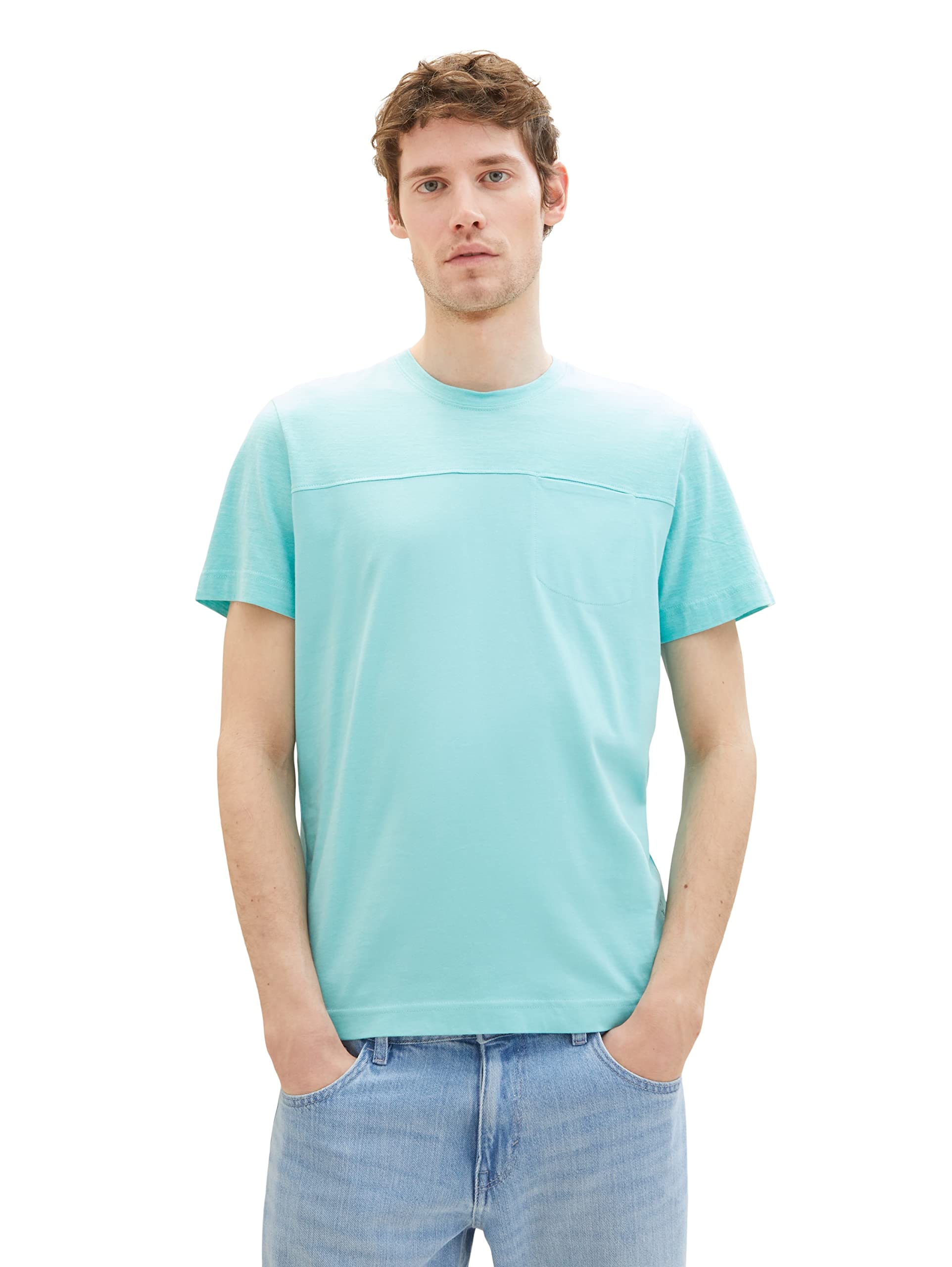TOM TAILOR Men's Colorblock Style T-Shirt, 32036 - Aqua Streaky Melange, M