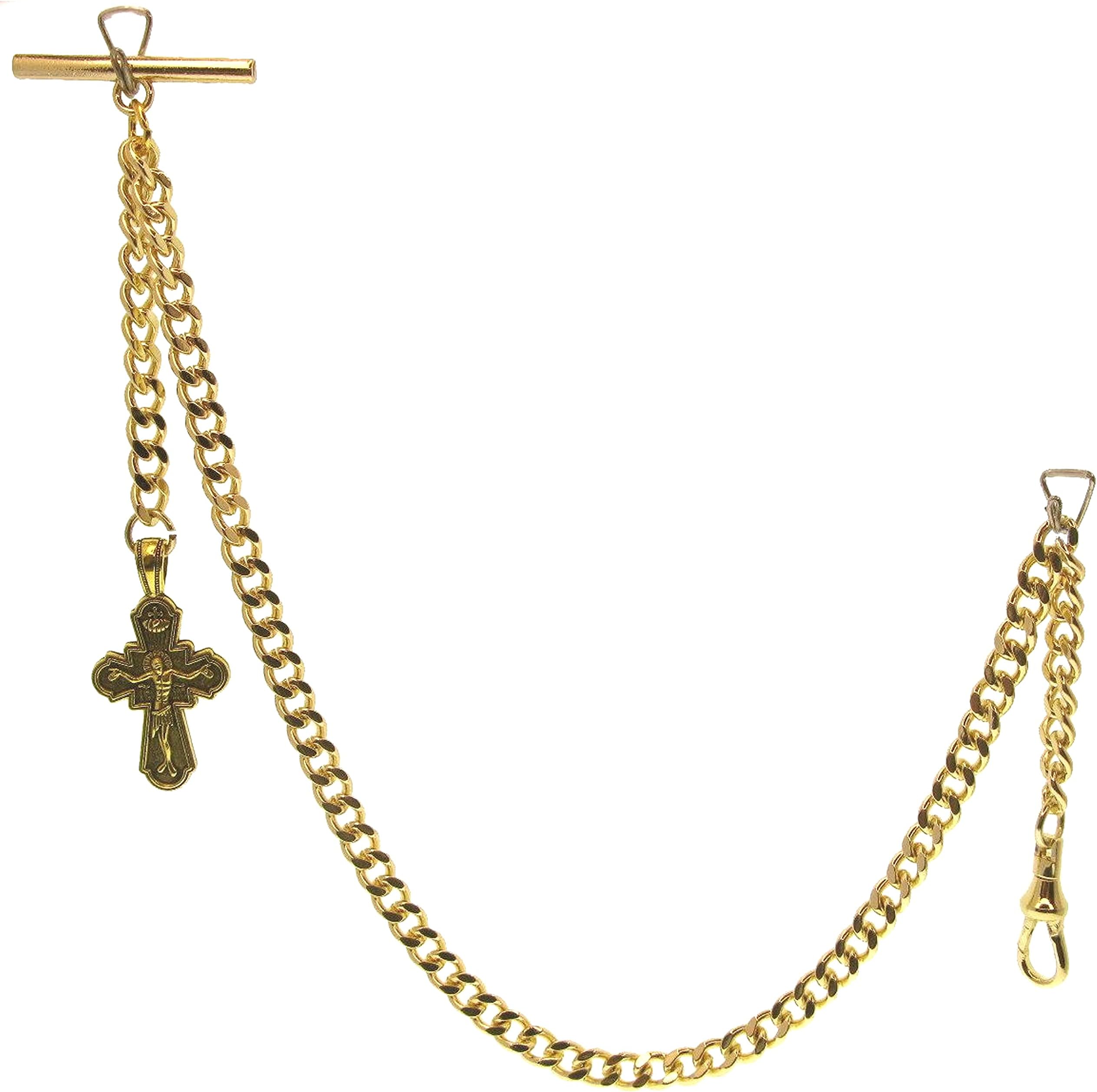 Albert Chain Gold Tone Fine Polish Pocket Watch Vest for Men with Jesus Cross Fob T-Bar Swivel Clasp AC199A, length - 1 x 12 inches + 2, Gold, Chain Length - 1 X 12 inches + 1 X 2 inches, Modern