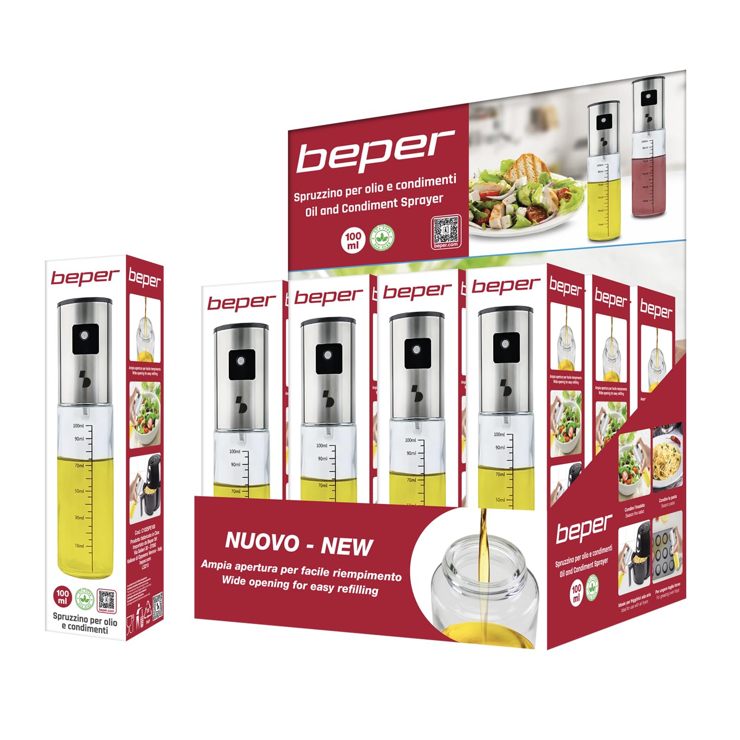 BEPER C102SPE100 Szklany spryskiwacz do oleju do frytkownic powietrznych, 100 ml, spryskiwacz do oleju, octu, cytryny i przypraw, bez BPA