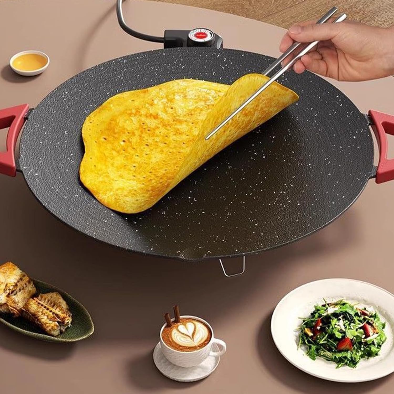 Non-Stick Electric Indoor Grill Pan, Portable Electric Indoor Grill Nonstick Smokeless Round Griddle with Temperature Control, Include Oil Brush, Food Tongs, for Steaks, Pancakes & BBQ (1pc)