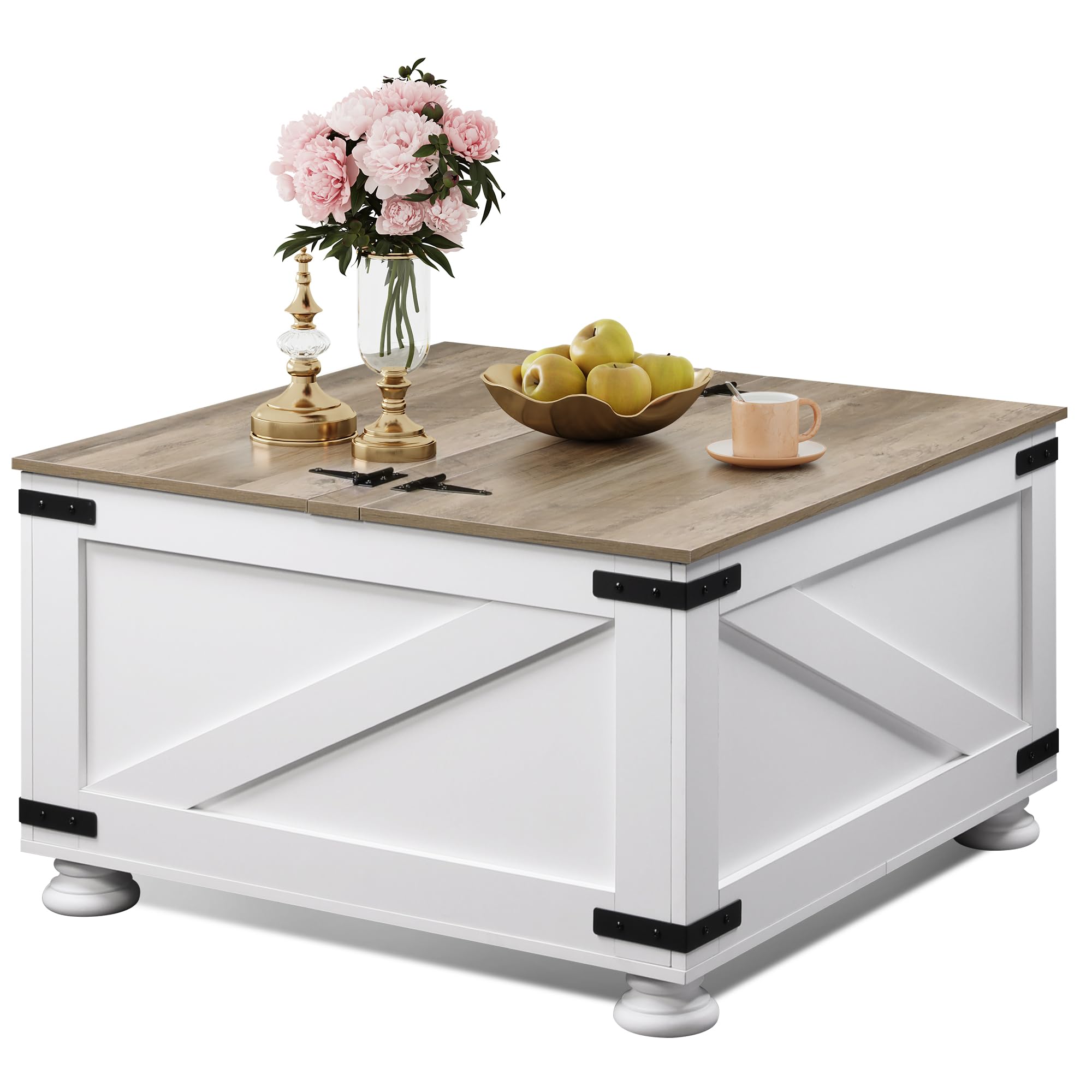 WLIVE Farmhouse Coffee Table, 31.5" Square Wood Center Table with Flip-Top Lids and Large Hidden Storage Compartment for Living Room, Bedroom, White