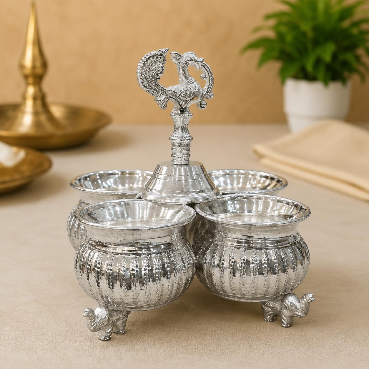 SF STEEL FACTORY German Silver Chopala | 4-Bowl Haldi Kumkum