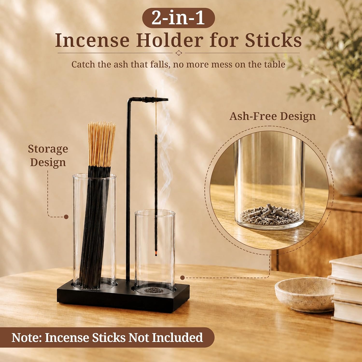 Incense Holder for Sticks, with Glass Ash Catcher, for Yoga Spa Home Decor