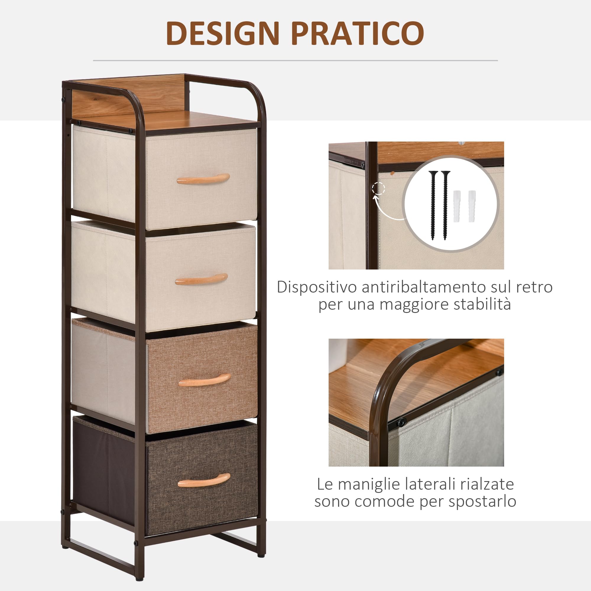 HOMCOM Cassettiera in Tessuto Slim Salvaspazio con 4 Cassetti Pieghevoli, Mobile con Cassetti Compatto in Metallo per Camera da Letto, Soggiorno, 31x29x99 cm, Multicolore