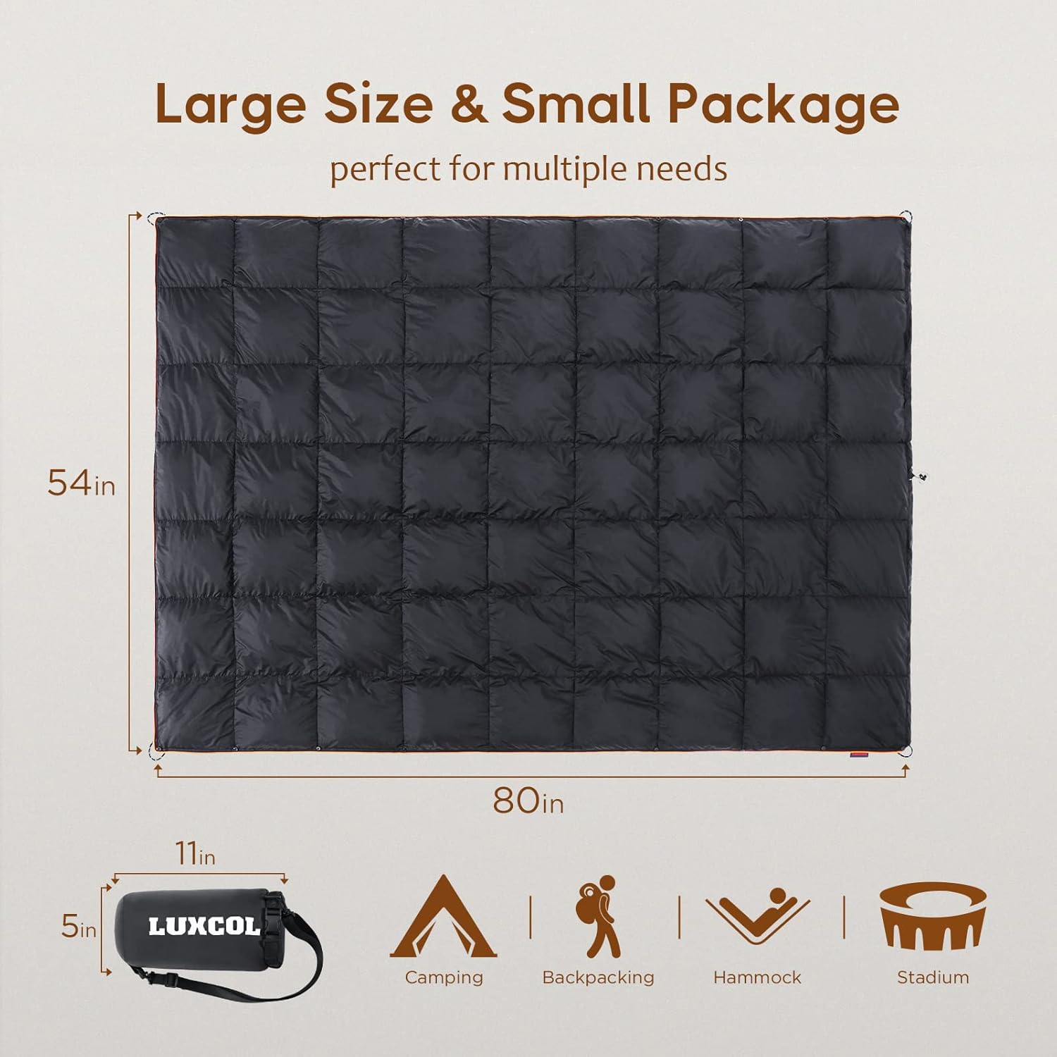 LUXCOL Down Camping Blanket- 700+ Fill Power, Warm, Lightweight, and Portable Backpacking Blanket for Outdoors, Travel, Stadium, Hammock, Car- Ripstop Nylon and Water-Resistant : Sports & Outdoors