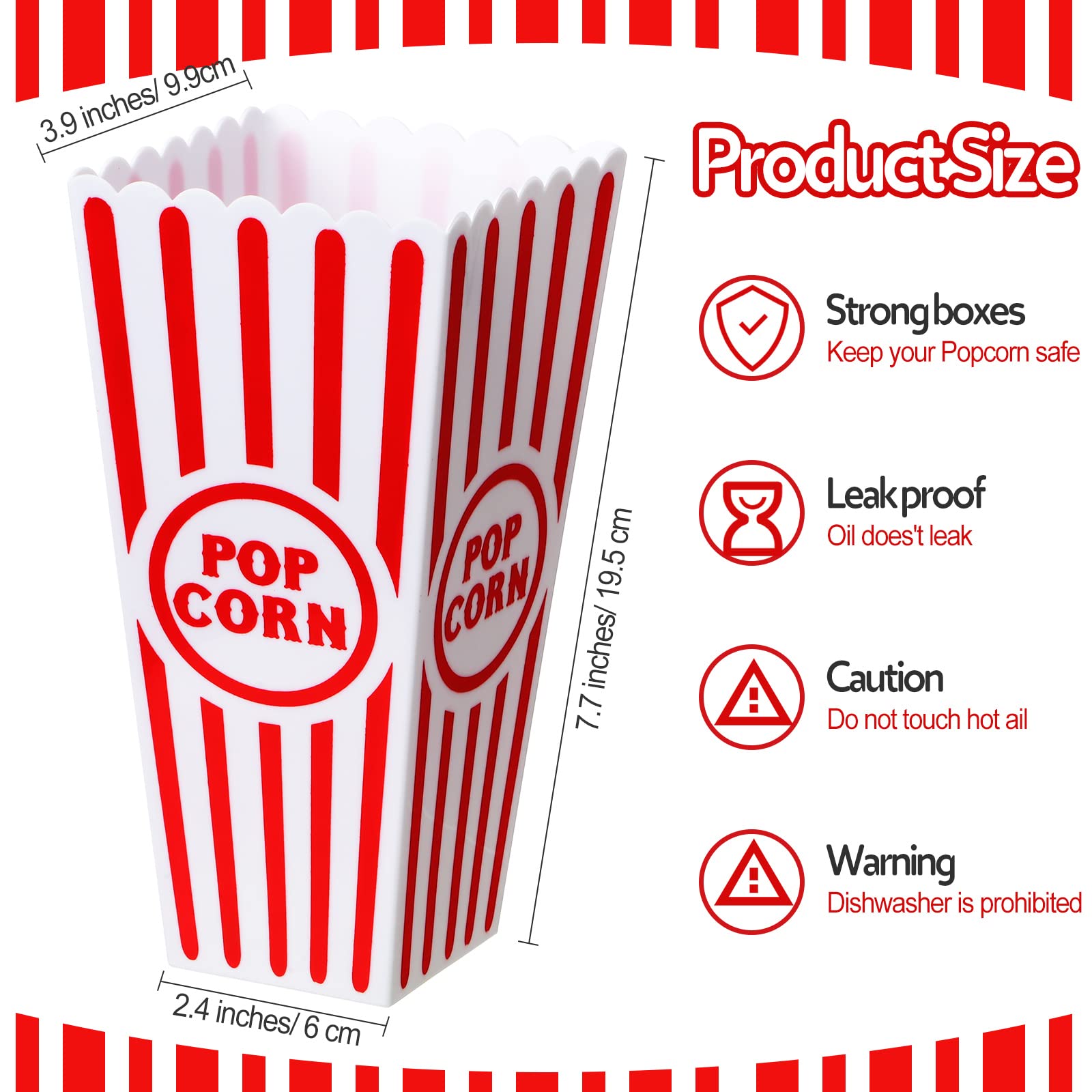 Cajas de plástico reutilizables para palomitas de maíz con parte superior abierta, cubos de palomitas de maíz a rayas rojas y blancas a granel para noche de películas, estilo retro clásico, 7.7 x 3.9