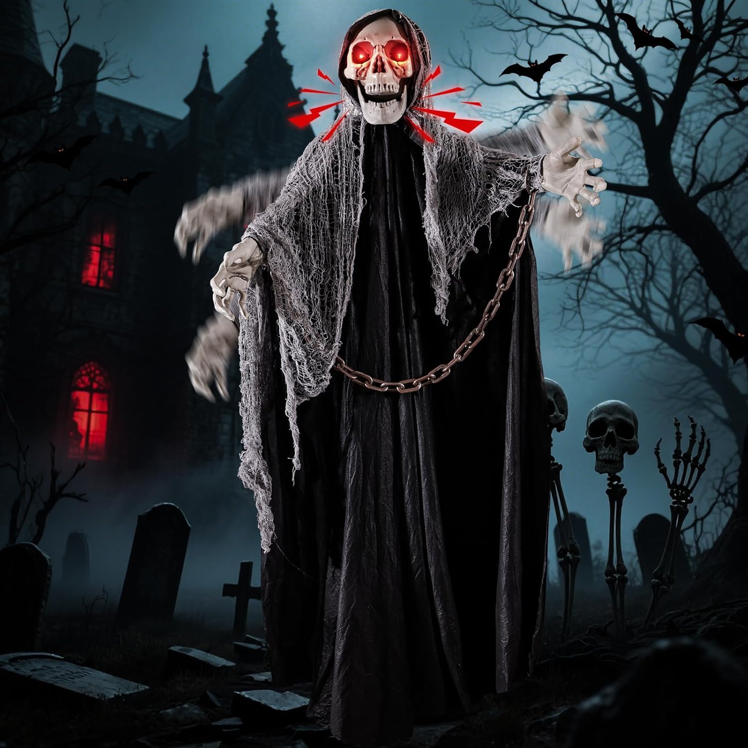 WINTS Halloween Outdoor Decorations,70”Animated Hanging Skeletons Decor Grim Reaper with Glowing Red Eyes and Creepy Sound,Scary Skeleton with Chain, Haunted House Props for Home Patio Yard