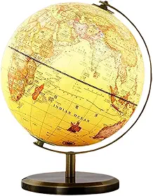 Globo Terrestre Político Iluminado com LED 25cm, Mapa Mundi Giratório, Base Dourada de Metal, Vintage, Enfeite de Mesa para Escritório, Presente Luxo, Colorido (Bege)