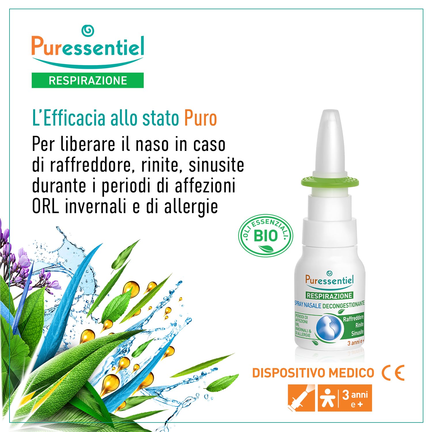 Puressentiel – Respirazione – Spray Nasale Decongestionante – Dispositivo medico – Decongestiona sin dai primi minuti - Raffreddore, rinite, sinusite – Formula 100% origine naturale - 15 ml