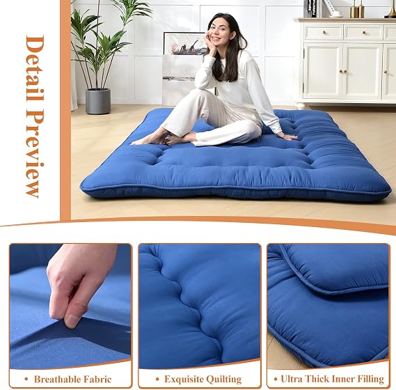 Futon Mattress Thicken Sleeping Mattress for Floor Folding Mattress for Adults,Kids,Tatami Mat,Camping Mattress,Road Trip, Kids Play Mat, Queen Size,Navy
