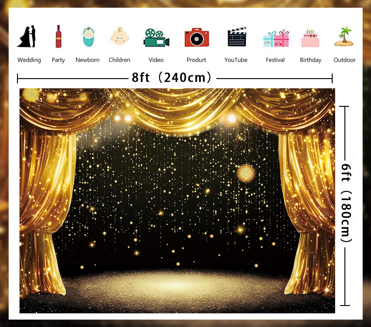 Sfondo nero oro nero con tende glitterate a pois teatrali fotografia sfondo adulti bambini VIP Carnevale laurea ballo di fine anno nuovo festa di compleanno in famiglia banner (2,3 x 1,8 m)
