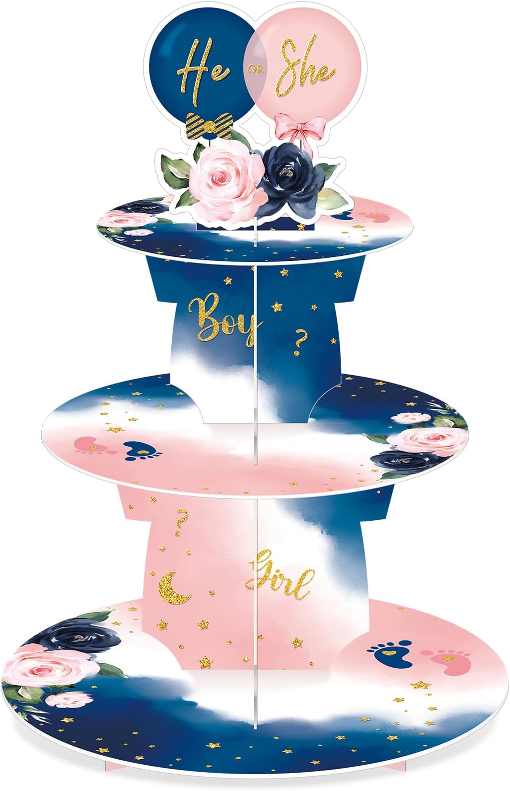 Faccito Gender Reveal Party Cupcake Stand Decorations, Blue and Pink 3 Tier Baby Shower Cupcake Toppers Tower Cardboard Supplies for Boy Girl Baby Gender Reveal Birthday Party Favors (Flower)