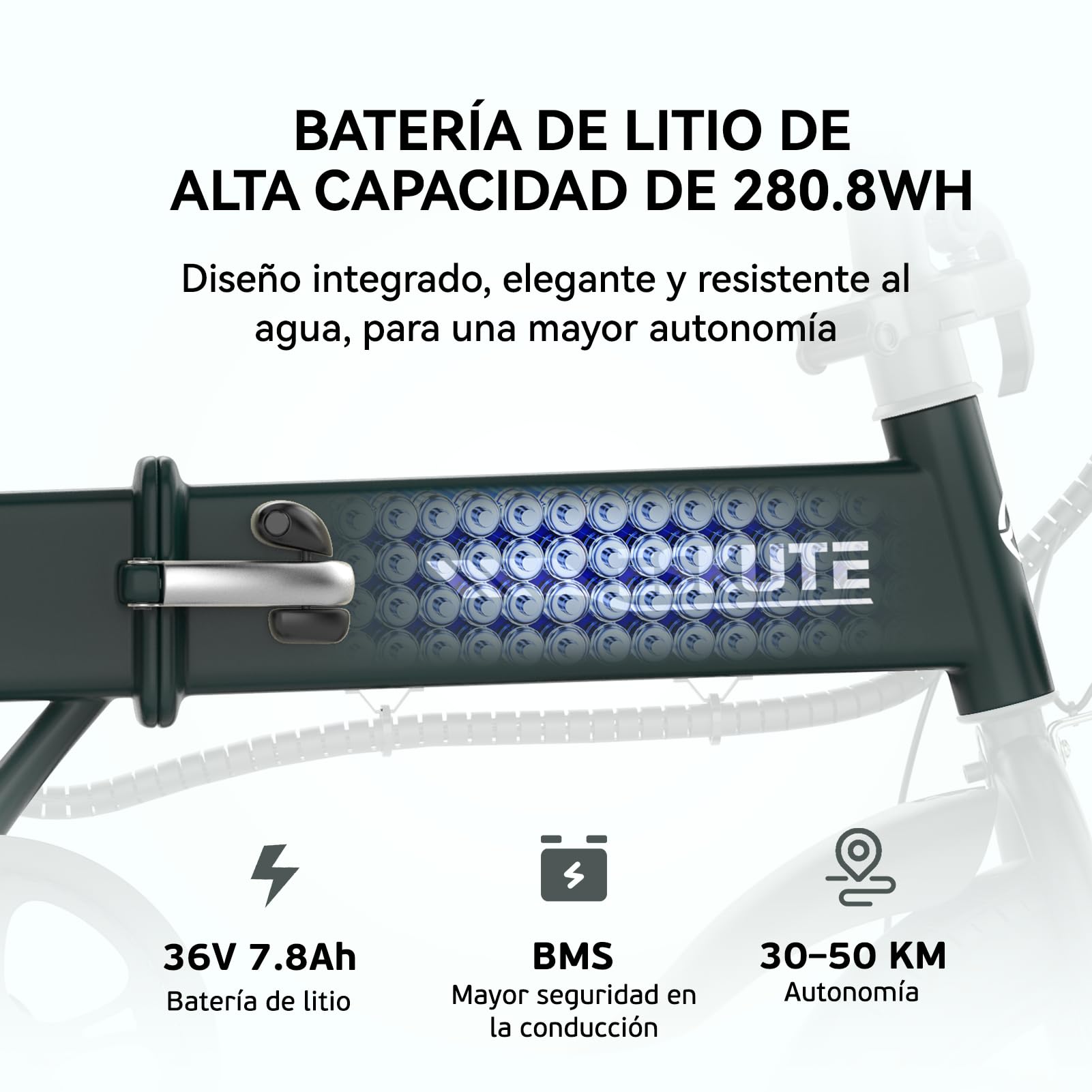 ESKUTE F200 Bicicleta Eléctrica Plegable de 14"x2.125", Ebike Urbana de 36V 7.8Ah con Pantalla LCD, Velocidad Máx de 25km/h, Asiento Ergonómico, Autonomía de hasta 50KM, Bici Electrica para Adultos