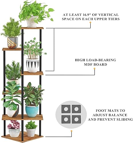 Miniatura 6 de Soporte alto para plantas de interior, estante moderno de 6 niveles para múltiples plantas, soporte de flores de metal de madera para sala de estar,