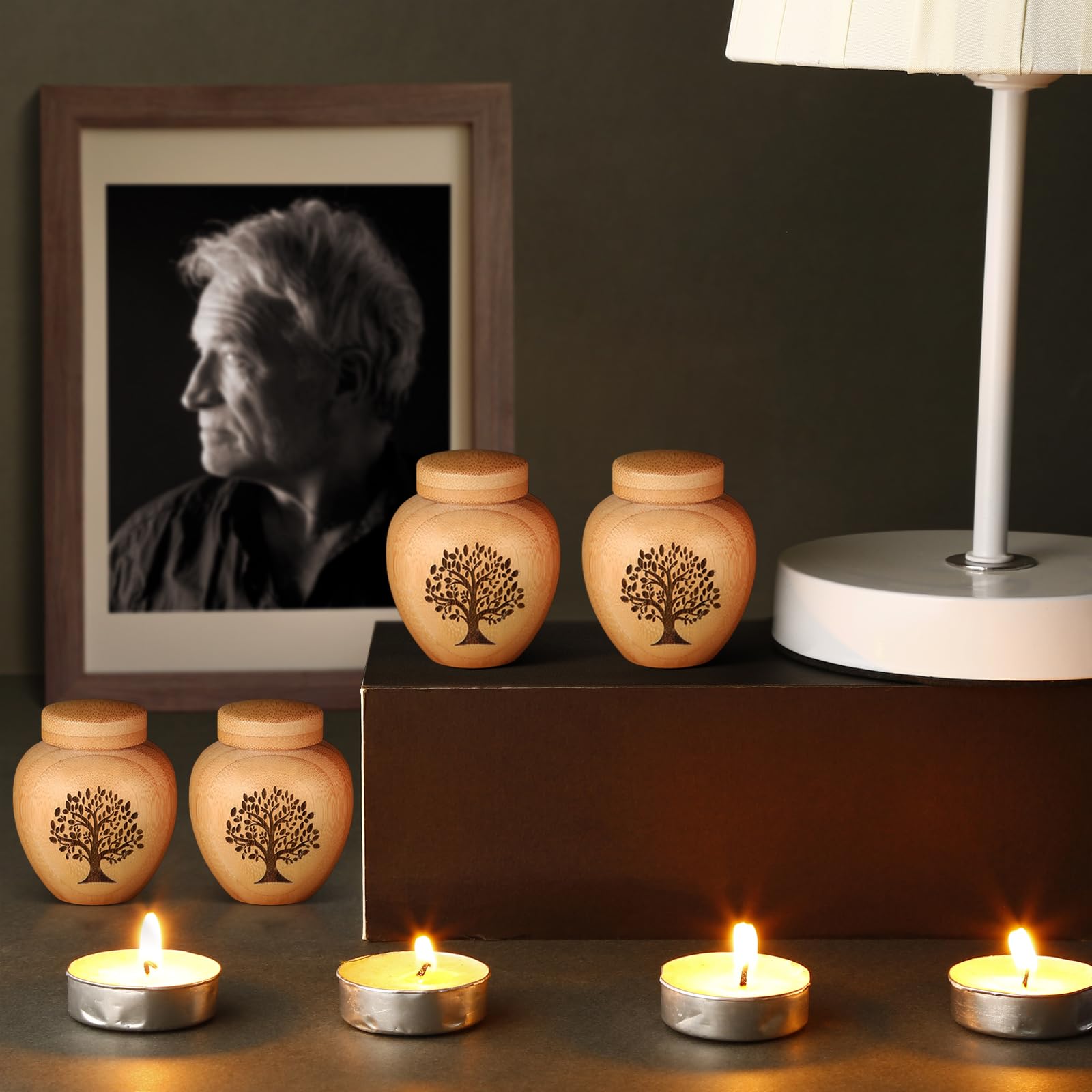 Juego de 4 urnas pequeñas de Recuerdo para Cenizas humanas, Mini urnas para Cenizas Hechas de bambú con patrón de árbol de la Vida Grabado, pequeñas urnas de cremación para Cenizas humanas, Adultos,