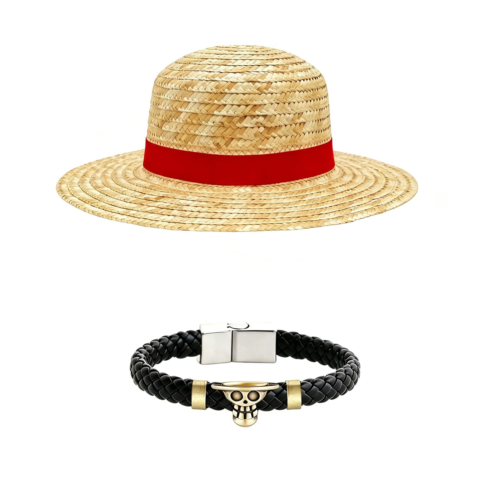 HAICN 2PCS Pirate Straw Hat Wristband Wrap Animation Sets Anime Costume Cap Anime Pirates Jewellery Pirate Theme Leather Bracelet Animation Cosplay Accessories