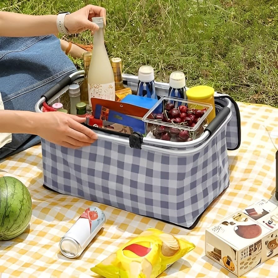 Image of Large Collapsible Picnic Basket with Lid - Foldable Insulated Food Storage Basket for Travelling, Outdoor Camping, Grocery Shopping & Picnic Use