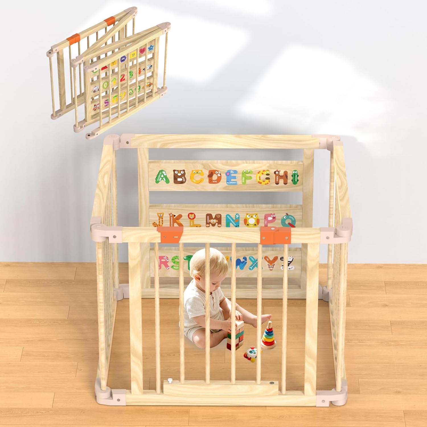Foldable Wooden Baby Playpen with Gate, Wood Baby Play Pen Play Yard with Alphabet Board & Child Proof Lock, Wood Playpen for Babies and Toddlers 30x30x23 inch