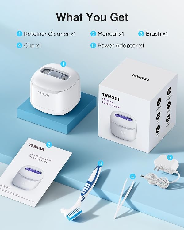 Ultrasonic Retainer Cleaner Machine, 49kHz Dental Cleaning Pod for Night Guards, Mouth Guards, Aligner, Braces, Toothbrush, Jewelry, Dentures, Ultrasonic Cleaner for Oral Dental Care, 220ML, White by TENKER - Image 8