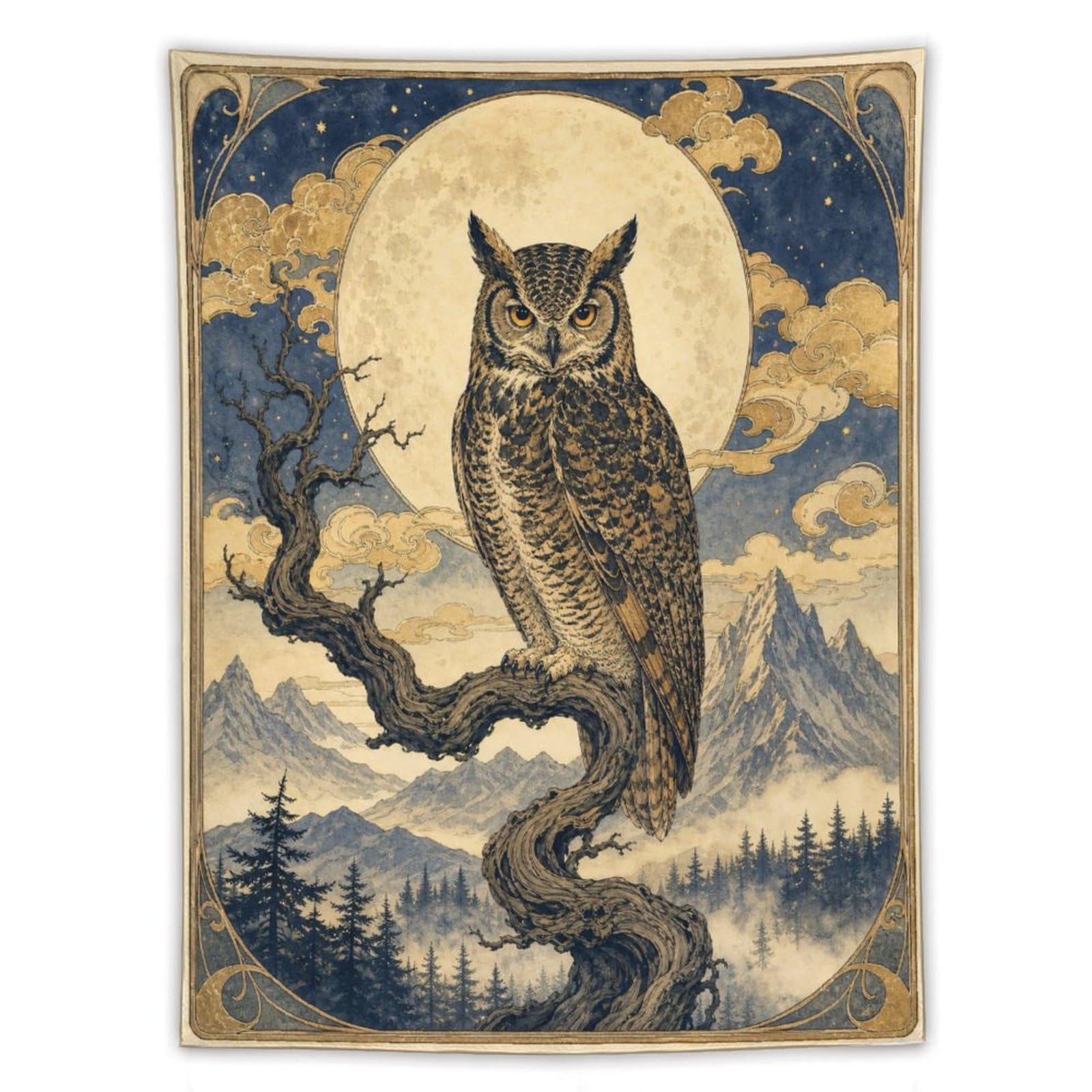 W7C8U2X3 Moon Owl in Forest Wall Tapestry, Vintage Poster, Living Room