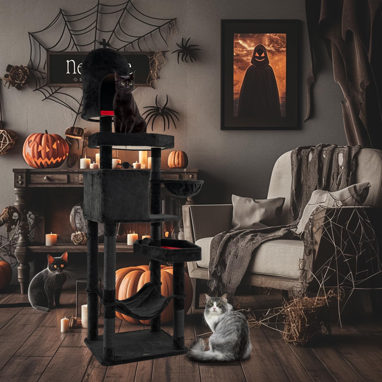 Tangkula Gothic Cat Tree, 83 Inch Tall Cat Tower with Sisal Covered Scratching Posts, 2 Coffin Beds, 2 Cat Condos, Hammock, Basket Bed, Halloween Pet Furniture, Black Goth Cat Tree for Indoor Cats