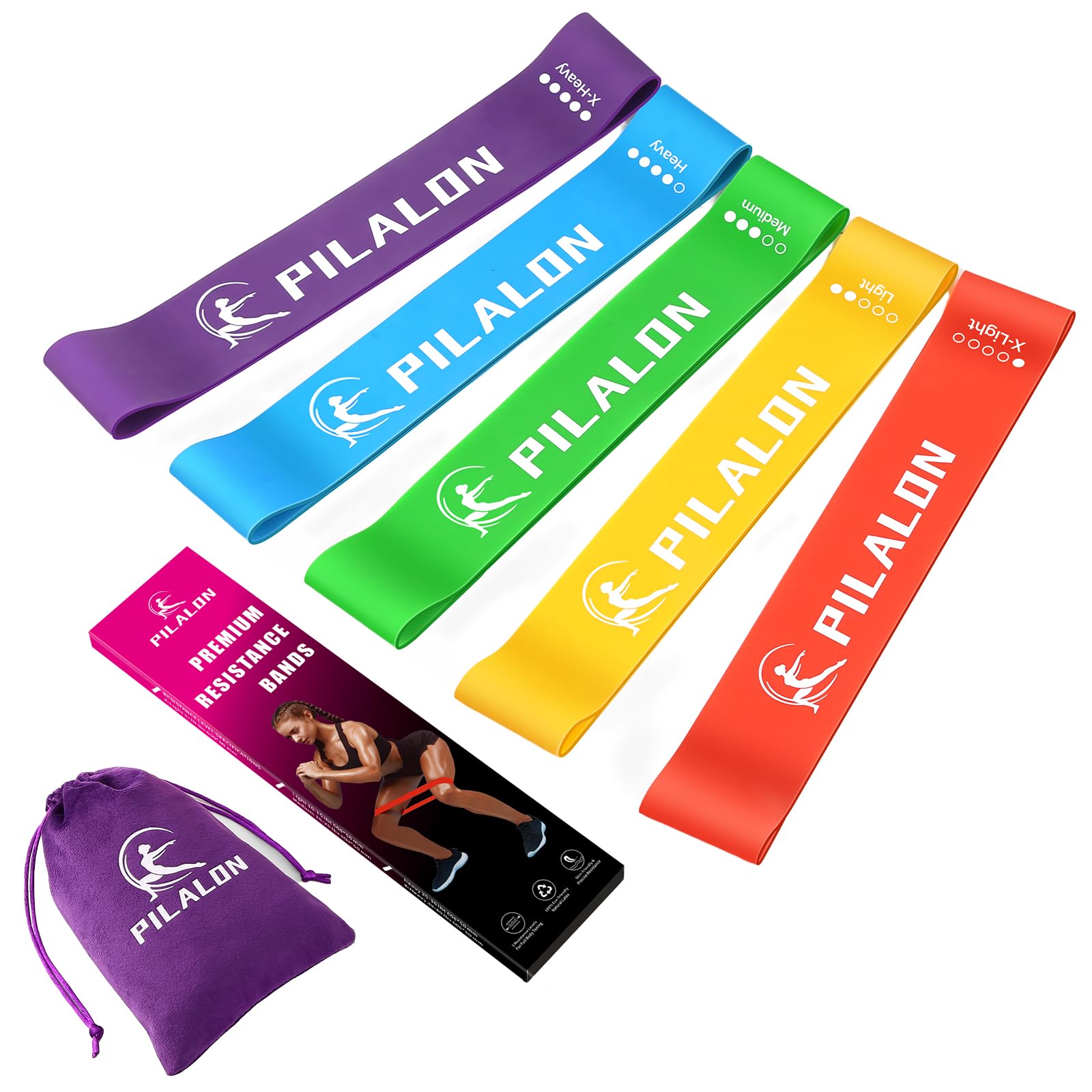 PILALON Resistance Bands, Set of 5 Skin-Friendly Fitness Exercise Loop Bands with 5 Strength Levels for Women & Men - Ideal for Home, Gym, Yoga Training - Carry Bag & Guide Included