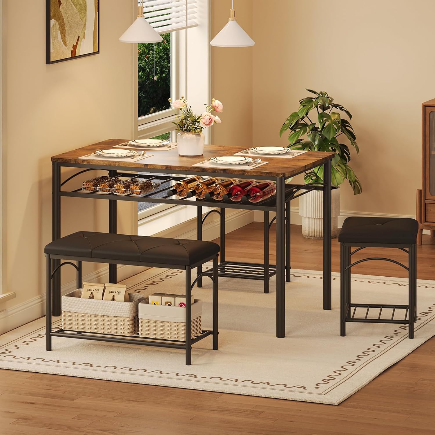 Dining Table Set for 4, Kitchen Table with Upholstered Bench and 2 Stools, 4 Pieces Kitchen Table Set with Storage Rack & Metal Frame for Small Space, Kitchen Table and Chairs Set for Apartment