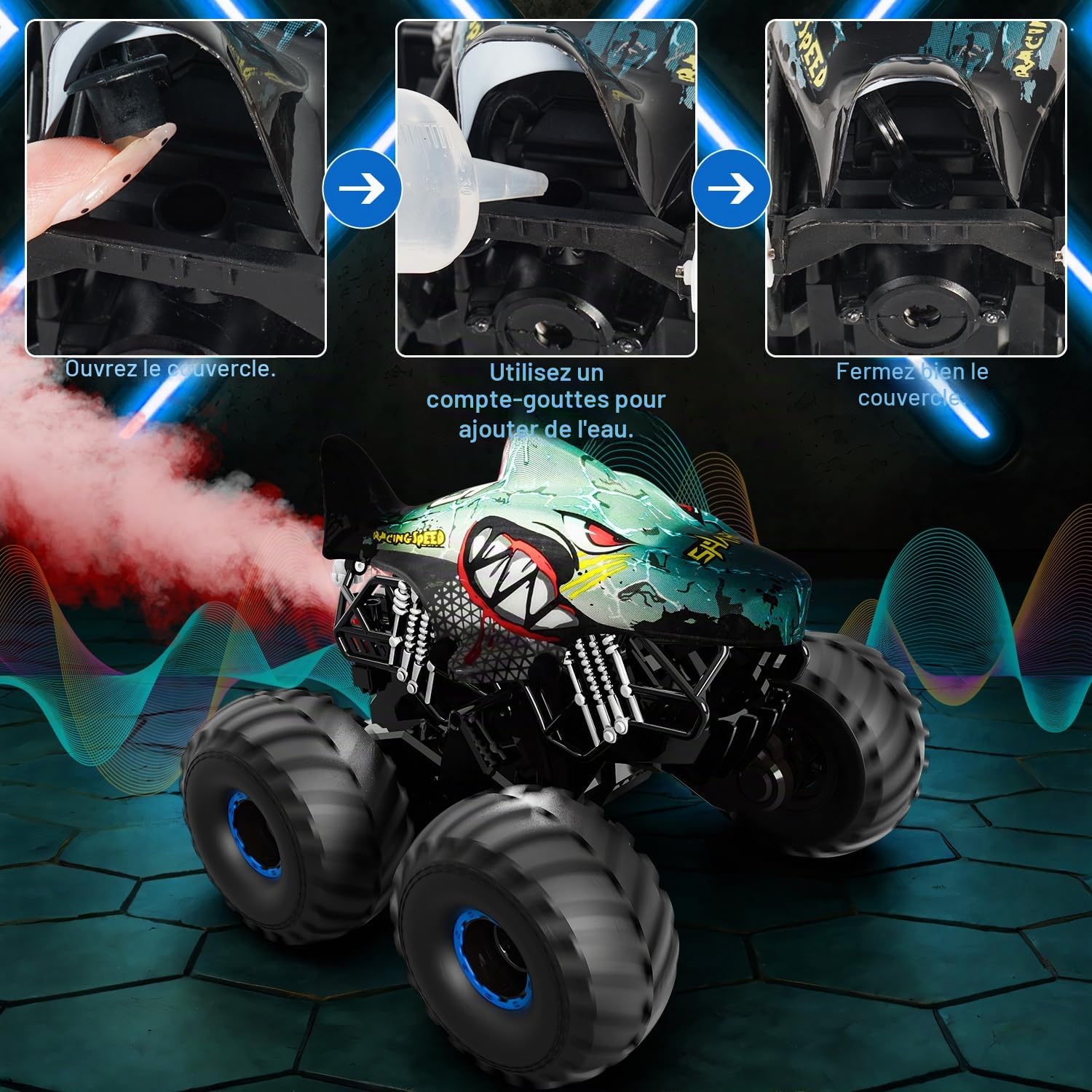 Voiture télécommandée monstertruck 1/16 avec stomp, rotation 360°, spray, lumières, musique, 15 km/h, RC 40 min