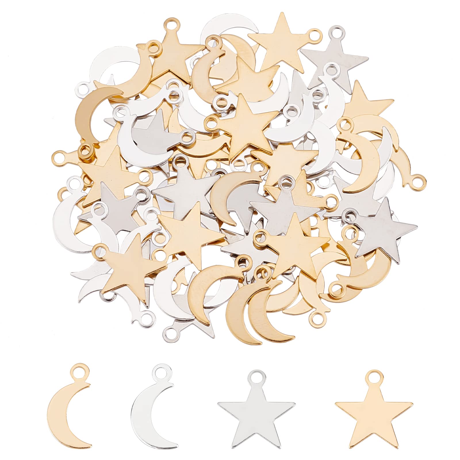 OLYCRAFT80Pcs Star & Moon Charms Style Brass Charms Celestial Dangle Pendants DIY for Earring Necklace Bracelet Jewelry Making Accessories (2 Colors)