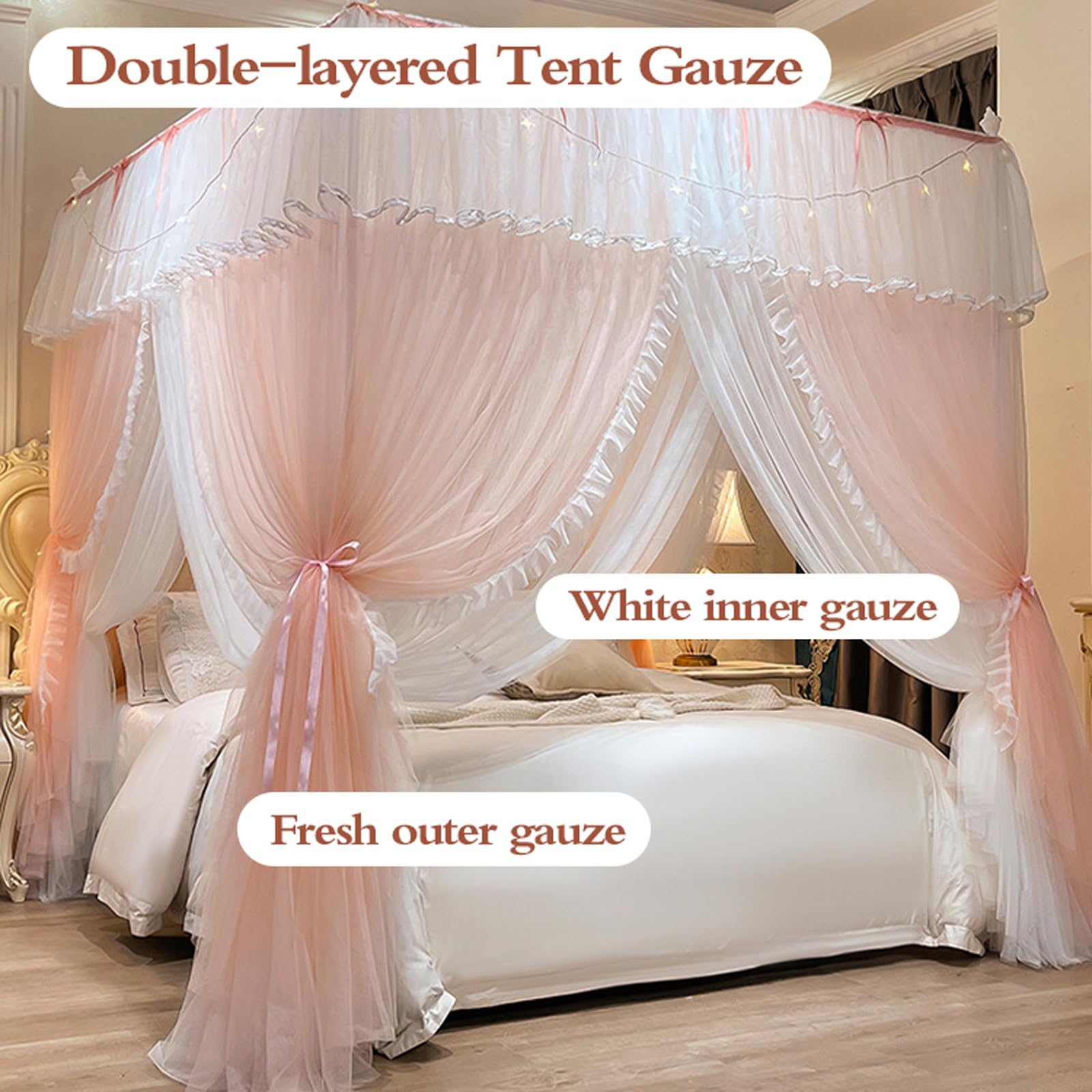 Doppelbetthimmel Moskitonetz, bestickte Spitzen-Bettvorhänge für Schlafzimmer, Dekoration, passend für Full/Queen/Extra Large, Viereck-Design