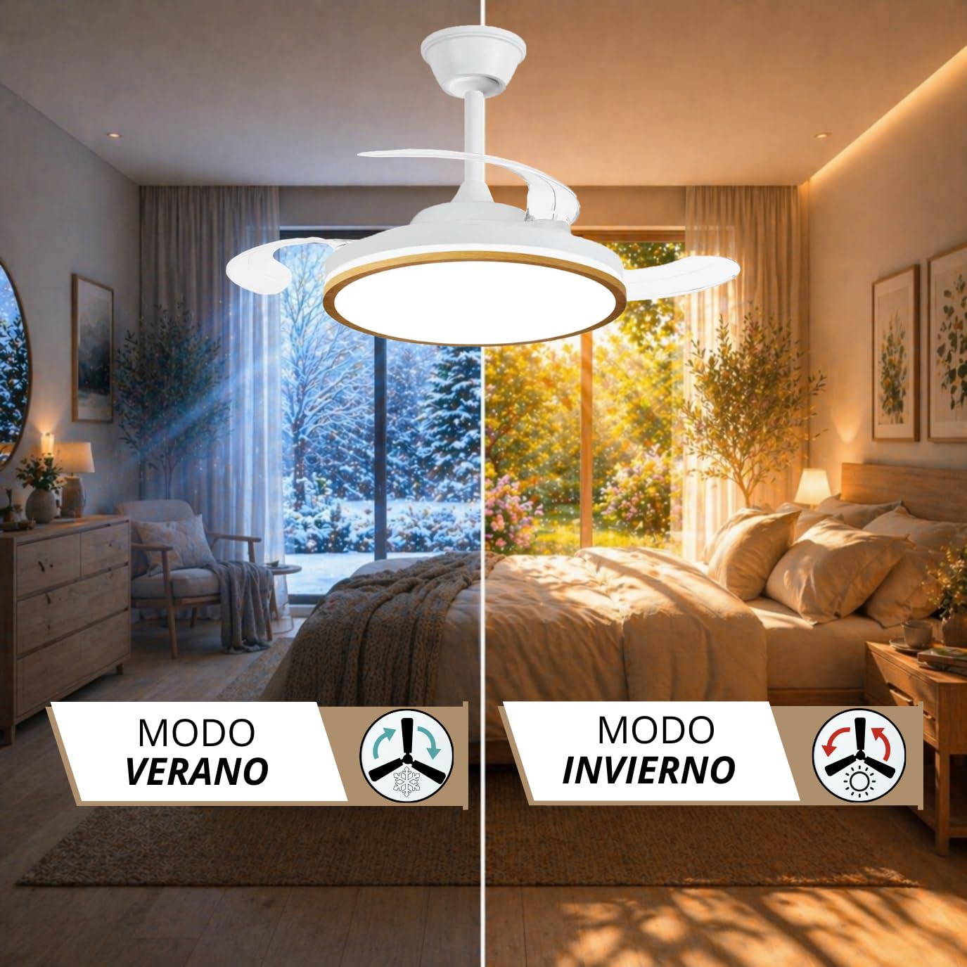 NARVI Ventilador de Techo Madera Roble MORAIRA con Luz LED Regulable, Motor DC Silencioso de Bajo Consumo, Lámpara Ventilador con Mando a Distancia, 3 Aspas Retráctiles, Función Invierno Verano,