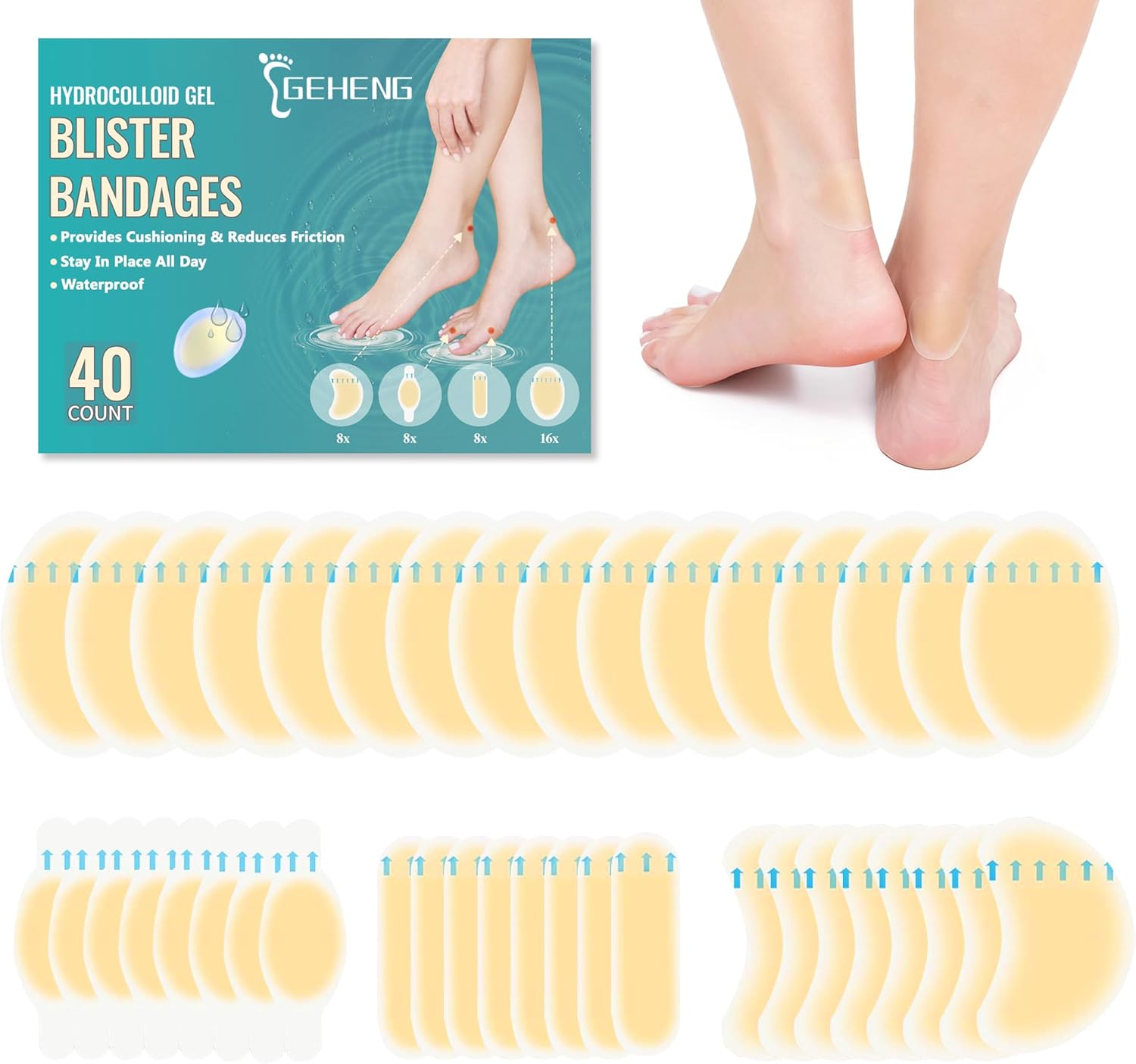 Hydrocolloid Gel Blister Bandages for Feet, Long-Lasting Waterproof Blister Pads for Prevention & Recovery, Blister Cushions for Heel, Bunion, Toe, Ball of Foot Pain Relief (40 Count)