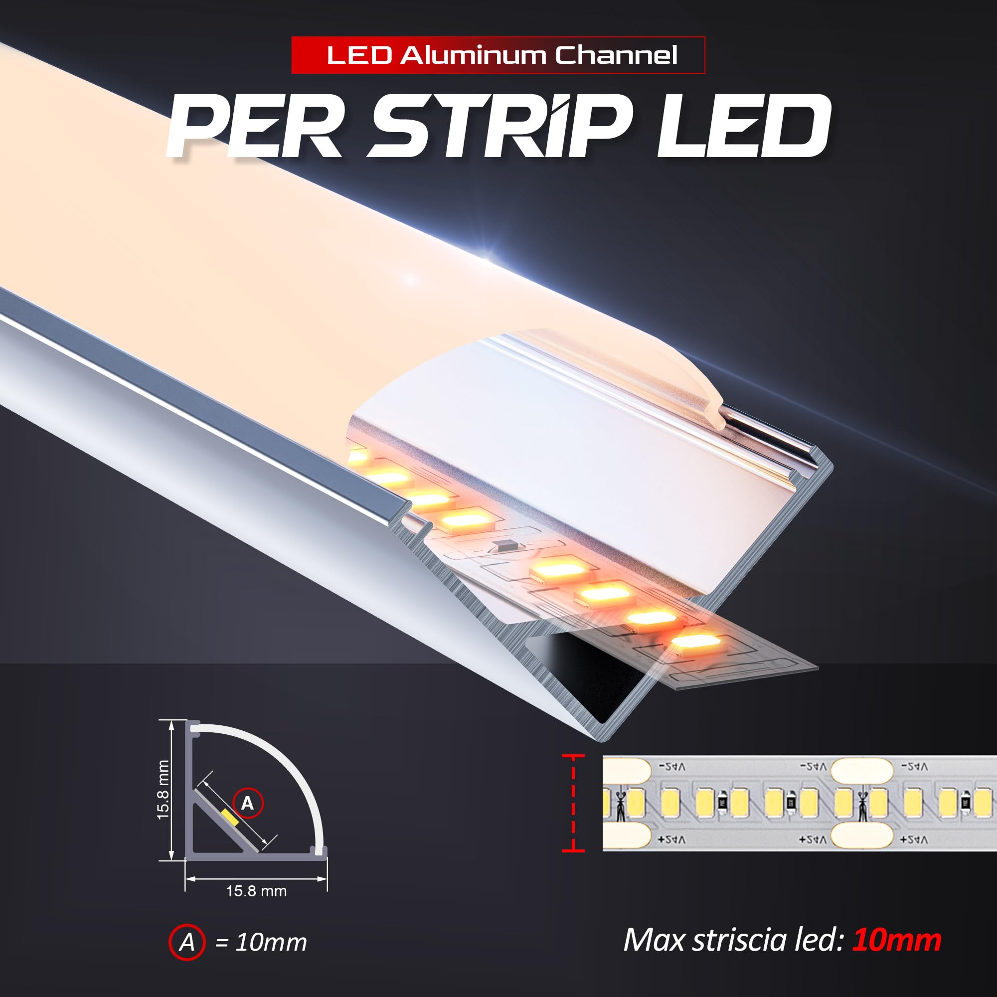 Perfil aluminio tira LED V 10 x 2m, para esquinas de 90°, incluye 10 tapas difusoras blancas, ideal para iluminación indirecta, perfil LED esquina y canaleta tira LED. (10)