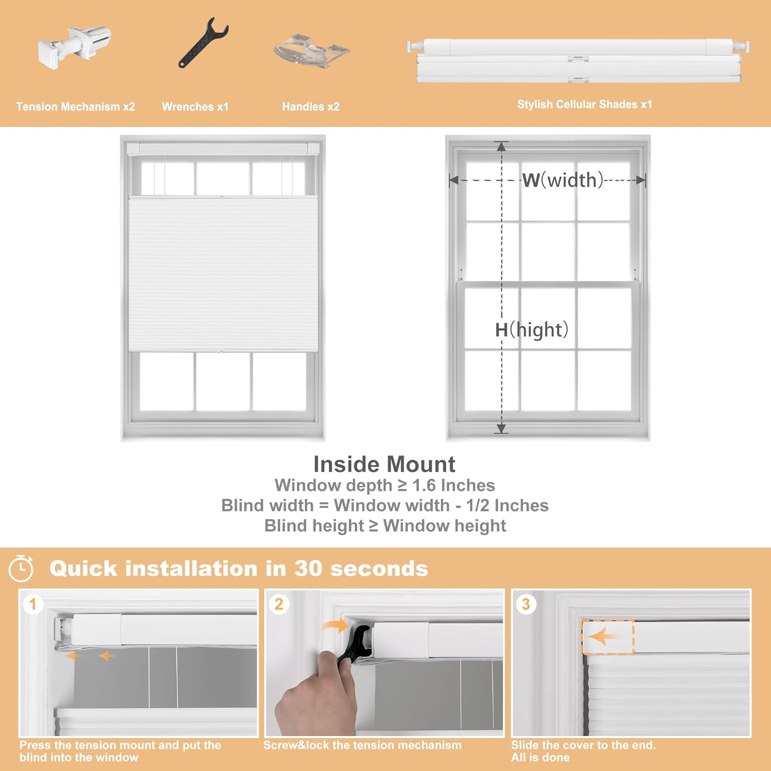 No Tools No Drill Blinds Top Down Bottom Up Cellular Shades for Window Light Filtering Cordless Honeycomb Shades Pleated Blinds for Window Easy Install (White,81" W x 56" H)