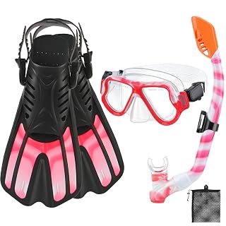 Snorkeling Gear for Kids, 4 in 1 Childs Mask Fins Snorkel Set with Panoramic View Anti Fog Mask, Dry Top Snorkel, Trek Fins and Travel Bag, Kids Snorkel Set with Fins for Snorkeling Swimming - Amazon product rated Grade A