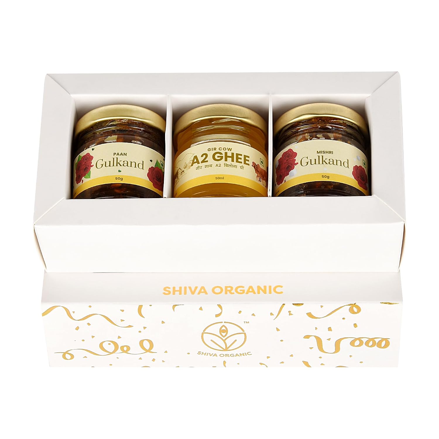 White and Gold Gift Box (50g each - A2 Ghee + Paan Gulkand + Mishri Gulkand)