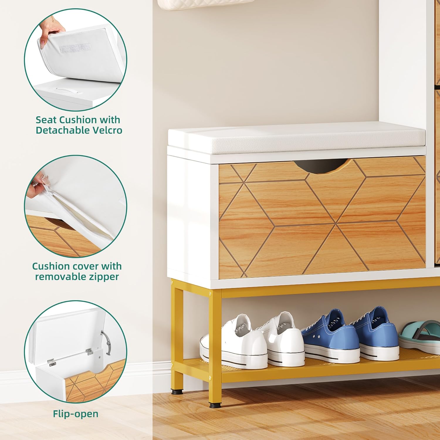 Close-up images detailing the removable Velcro seat cushion, the zippered cover for easy cleaning, and the flip-open mechanism of the storage bench.