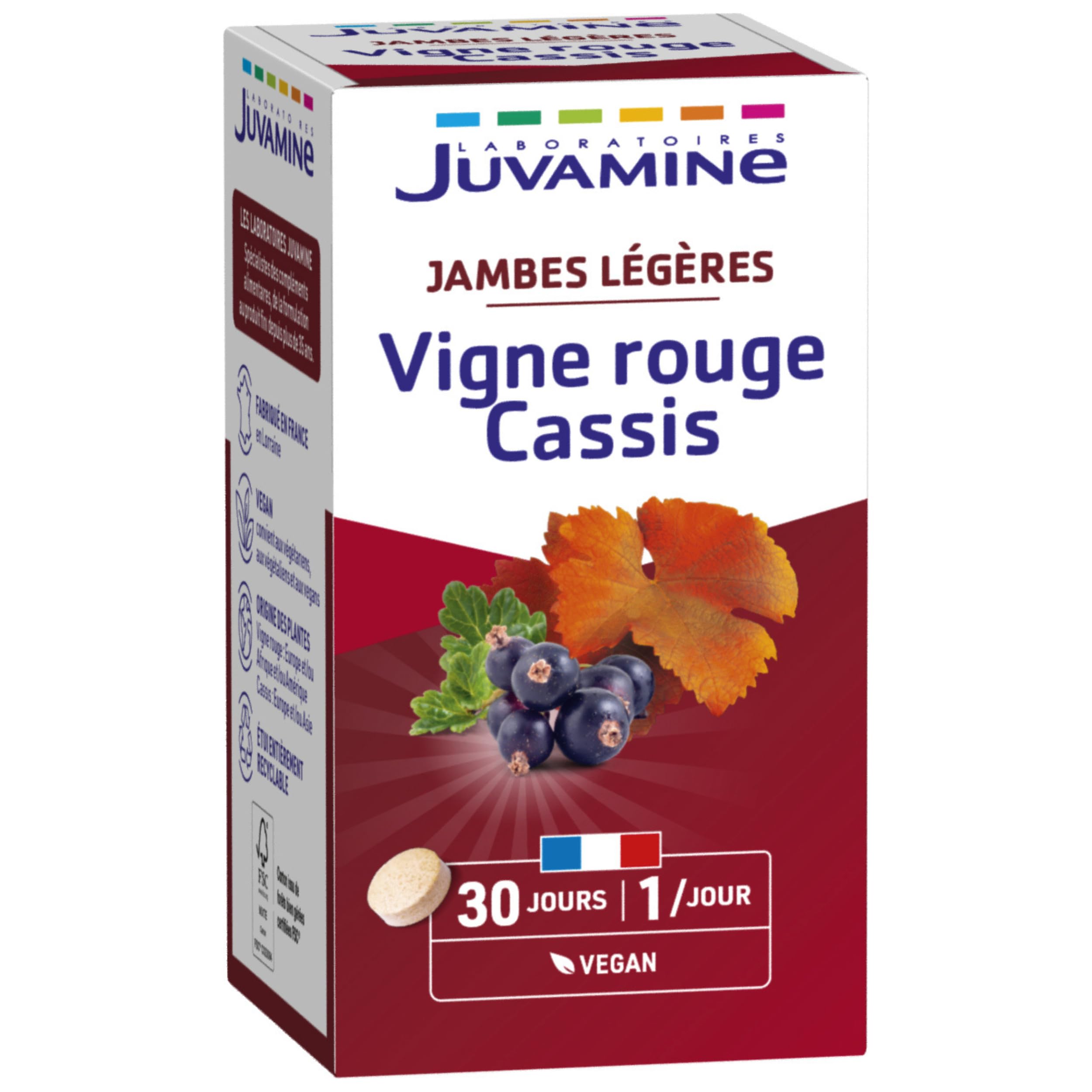 JUVAMINE - Jambes Légères - Vigne Rouge Cassis - Favorise le Bien-Être Circulatoire - Action sur Système Veineux des Jambes - Programme de 30 jours - Fabrication Française
