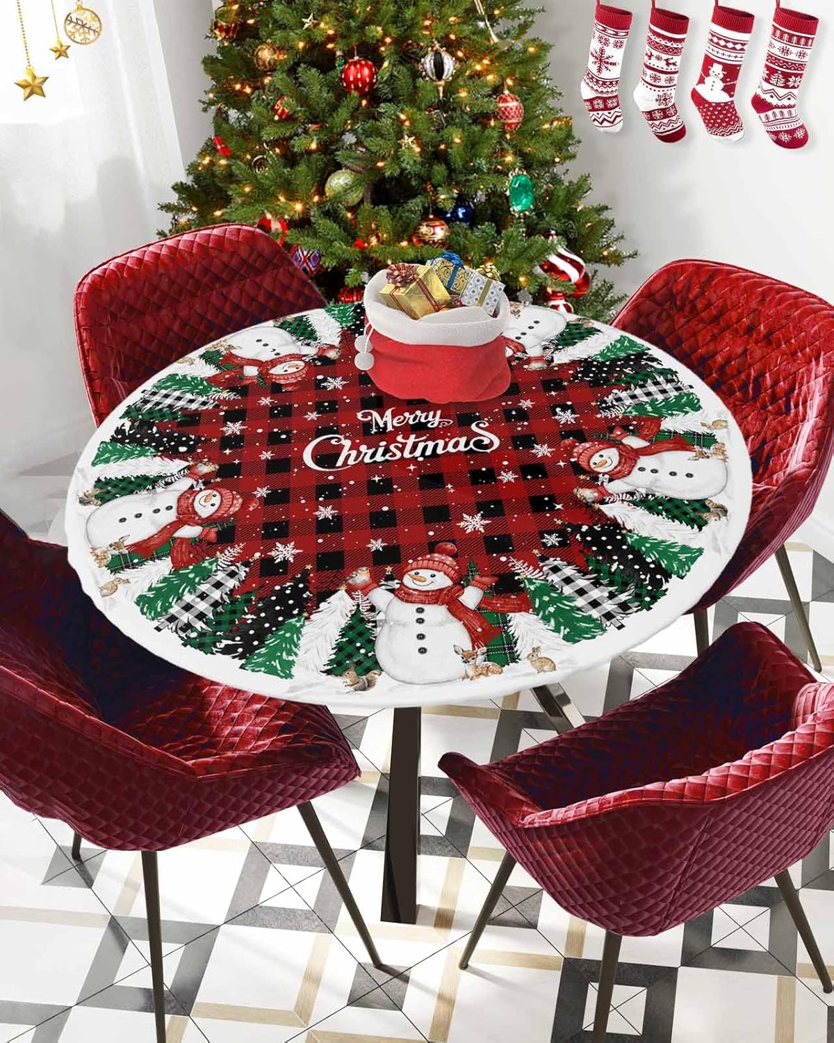 Red Christmas Snowman Round Fitted Tablecloth with Elastic Edge Merry Christmas Plaids Xmas Tree Winter Snowflake Red Black Waterproof Oil Proof Table Cover for Party Picnic Fits 55"-60" Round Tables