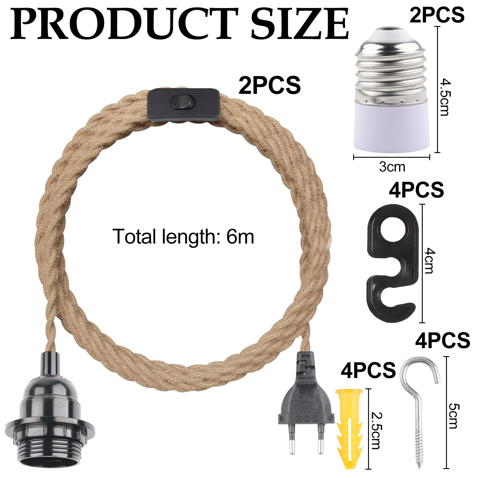 2 Piezas Portalámparas E27 con Interruptor Adaptador de Lámpara con Enchufe con 2 Piezas Cable de 6M Cable Bases DIY Candelabro Colgante Lámpara para Comedor Sala Bar Cafetería