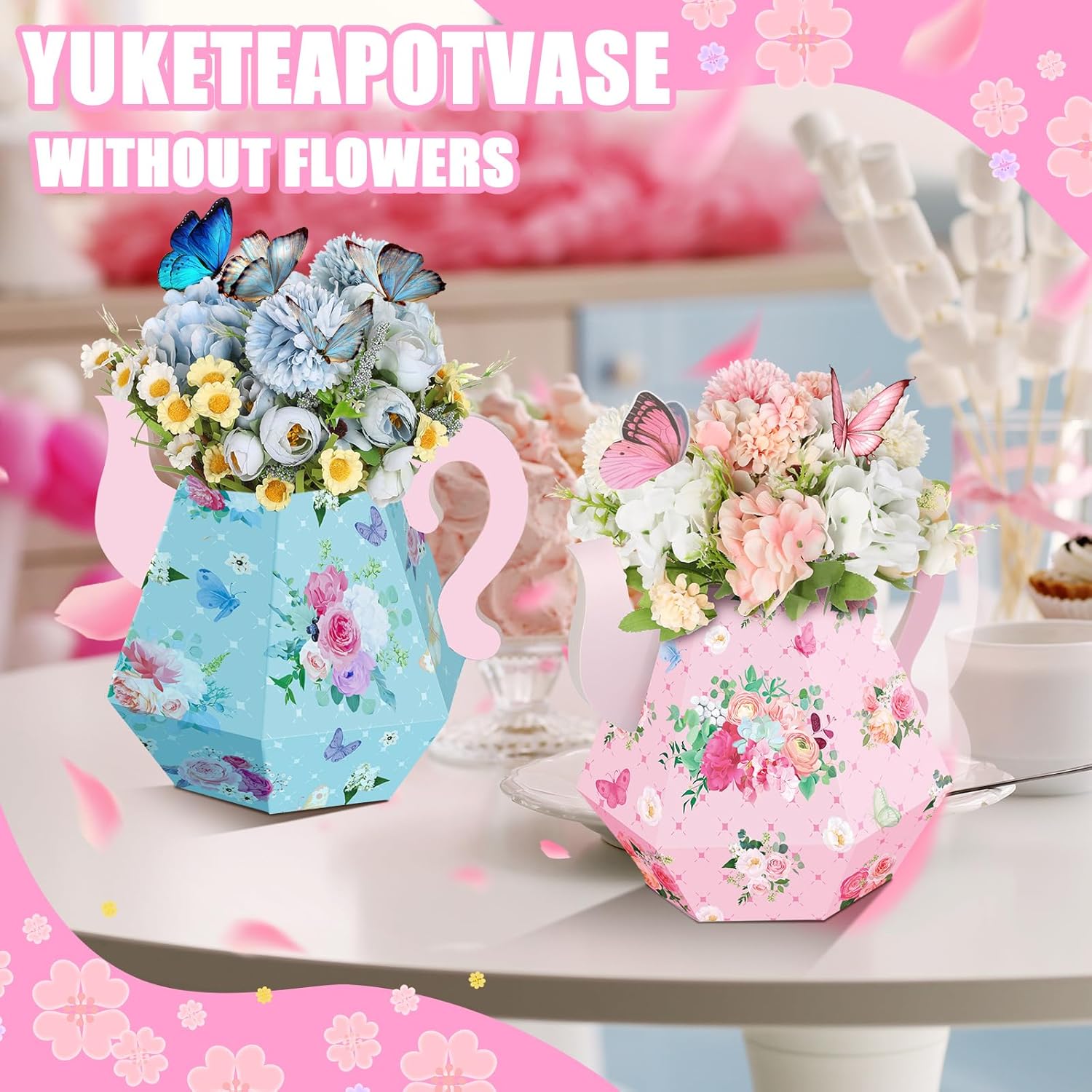 Fulmoon 6 Pcs Tea Party Decorations 6.7'' Flower Box Table Paper Teapot Princess Centerpiece Vase Table Decor Wonderland Fancy Party Decor for Floral Tea Birthday Baby Shower Wedding (Cute)