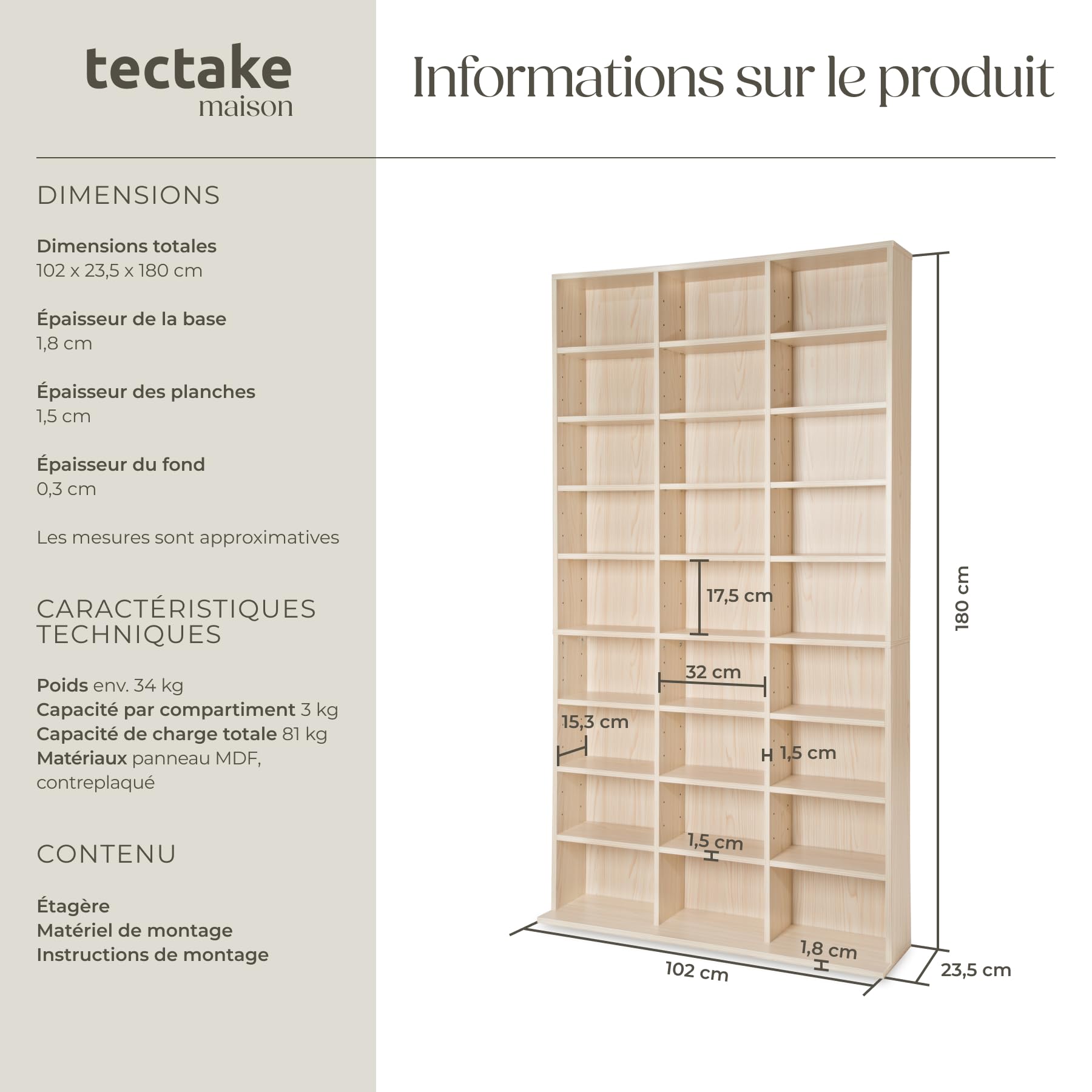 tectake® Étagère Bibliothèque Étagère Rangement CD/DVD pour 1080 CDs - 180x102x23,5 cm Meuble de Rangement Moderne pour Rangement Bureau, Salon, Chambre, Etagere Rangement Meubles de Salon