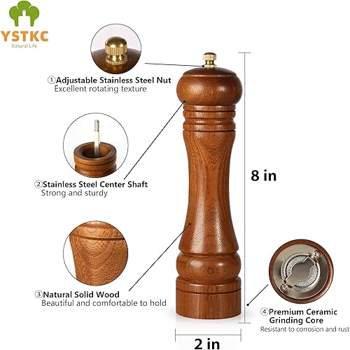 Miniatura 2 de Molinillo de pimienta de madera, molinillo de pimienta de madera maciza natural de 8 pulgadas con rotor de cerámica, grosor ajustable, molinillo de