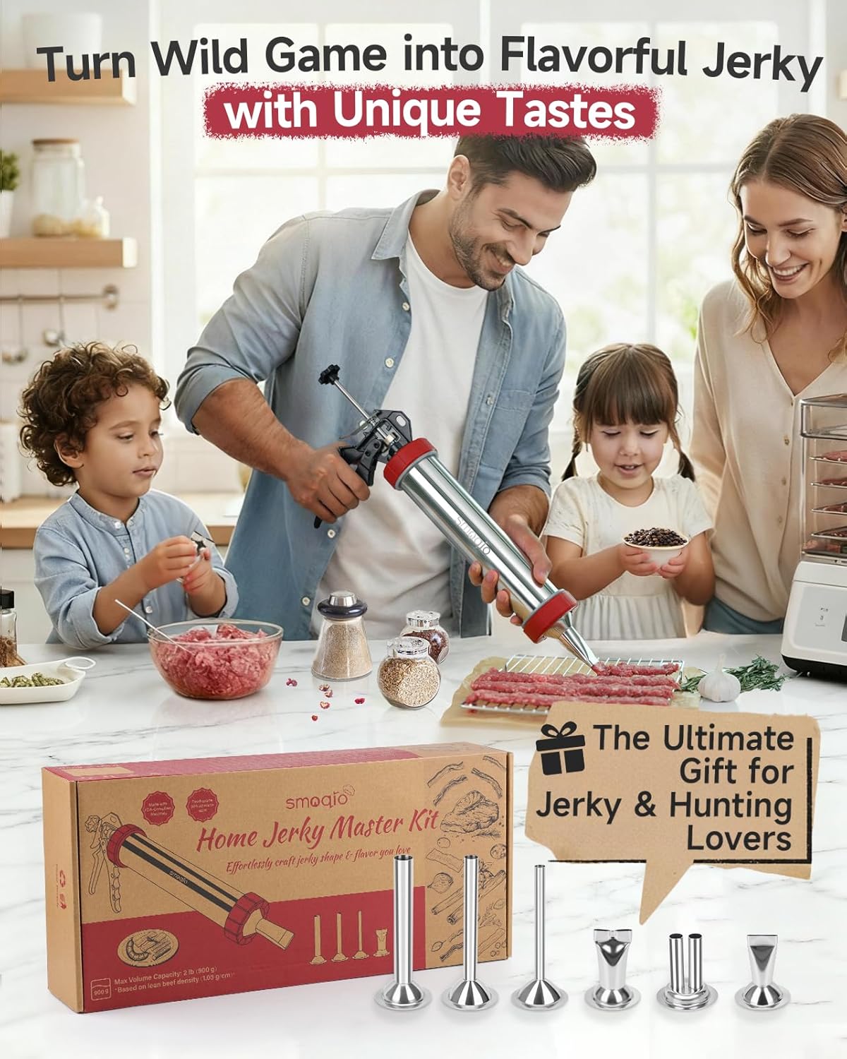 2LB Jerky Gun Kits, 304 Stainless Steel Beef Stick Gun, Beef Jerky Shooter Cannon with 6 Versatile Nozzles, Suitable for 19mm Snack Stick, with 4 Cleaning Brushes and 1 Meat Pusher