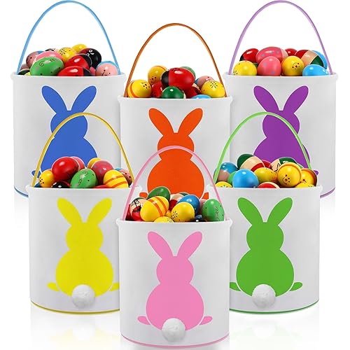 Honeydak 6 cestas de lona de conejo de Pascua para niños, bolsas de caza de huevos de conejo, bolsas impresas con colas esponjosas, cubo de tela,