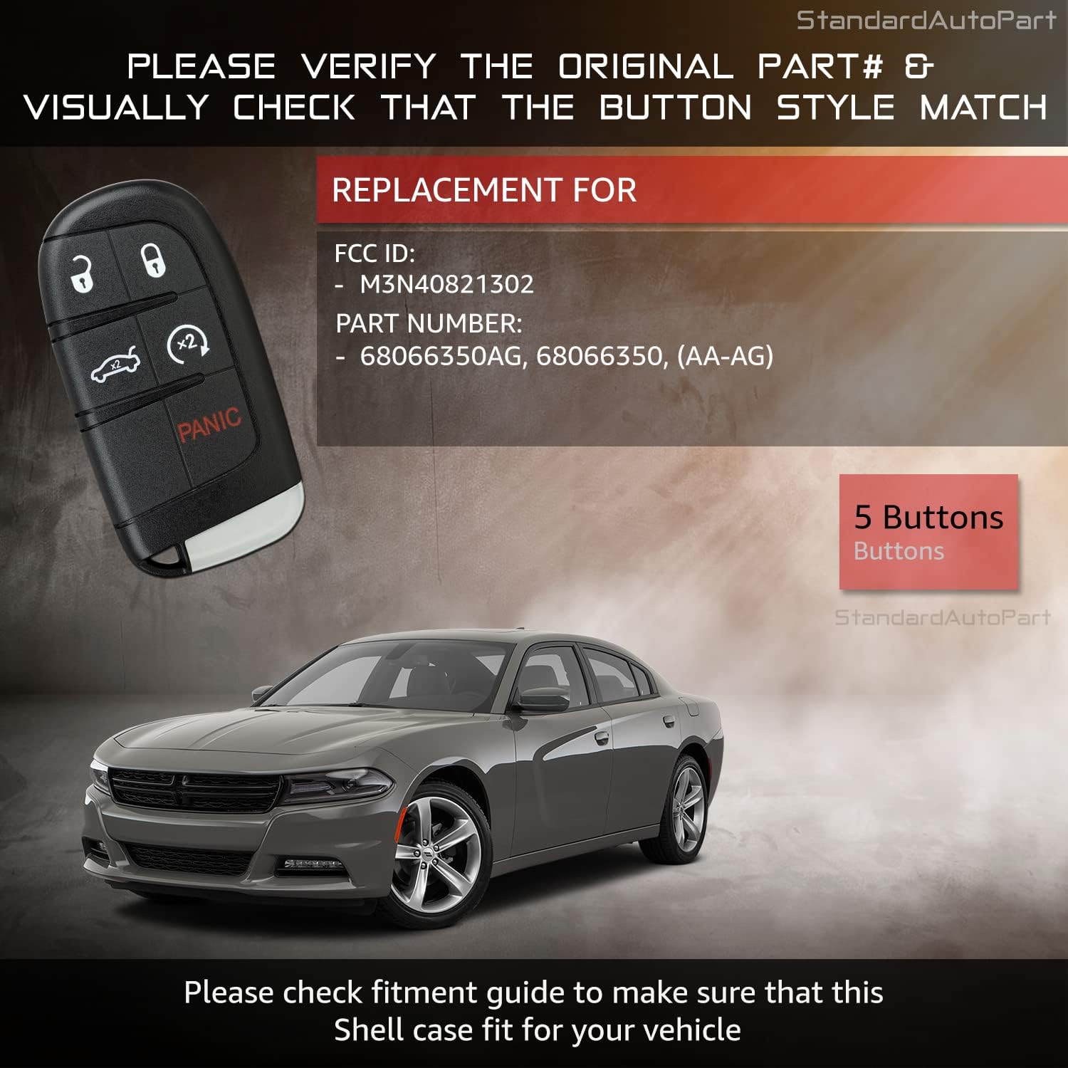StandardAutoPart Replacement Keyless Entry Smart Key fob Shell Case for Journey Durango Compass M3N40821302 68066350AB M3N-40821302 (5 Button Trunk)