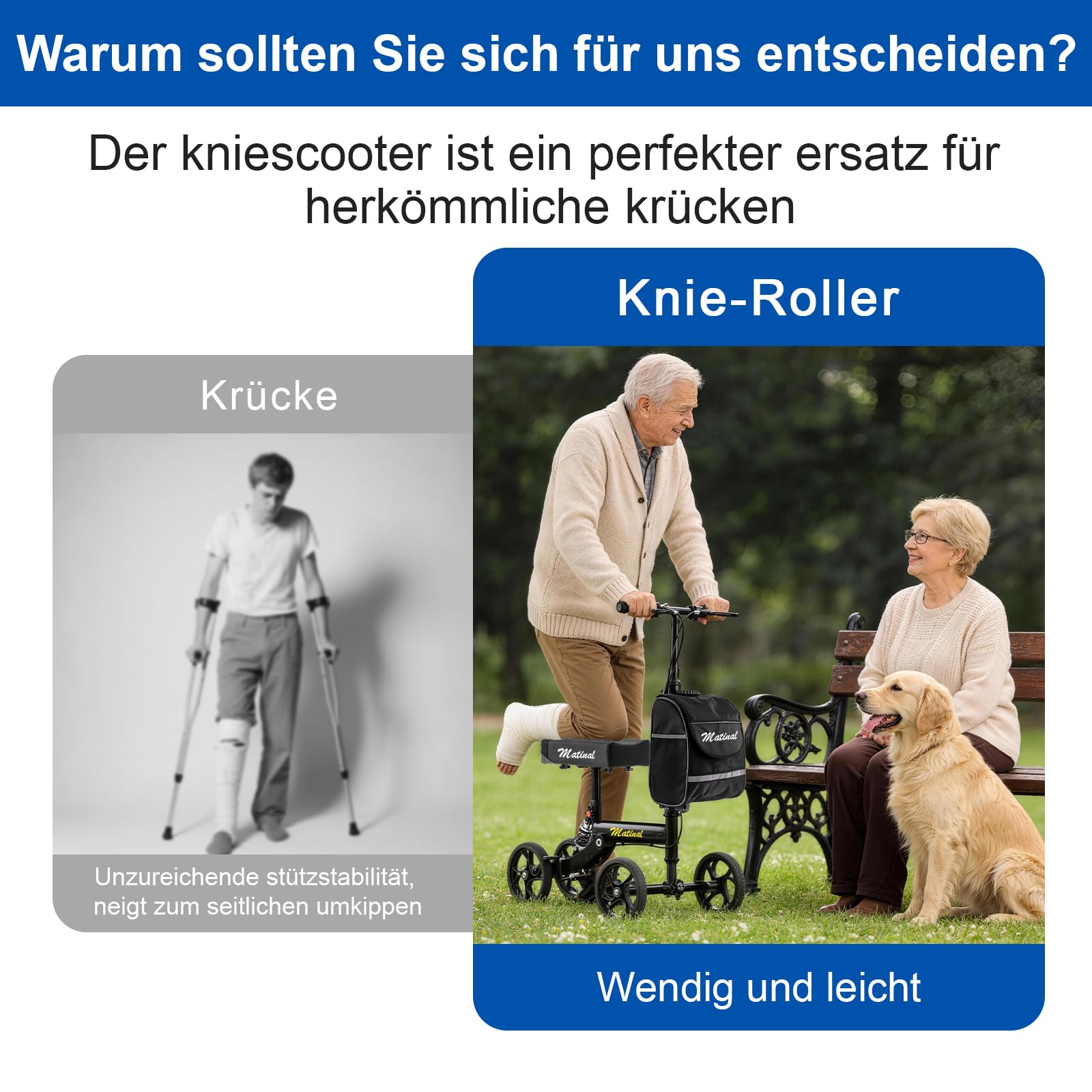 Knie Roller mit Stoßdämpfung, Krücken-Alternative 136kg, Schwarz | faltbarer Knie Roller Kohlenstoffstahl, leichter Knie Scooter nach Fuß OP, inkl. abnehmbarer Tasche & 20 cm Vorderrad