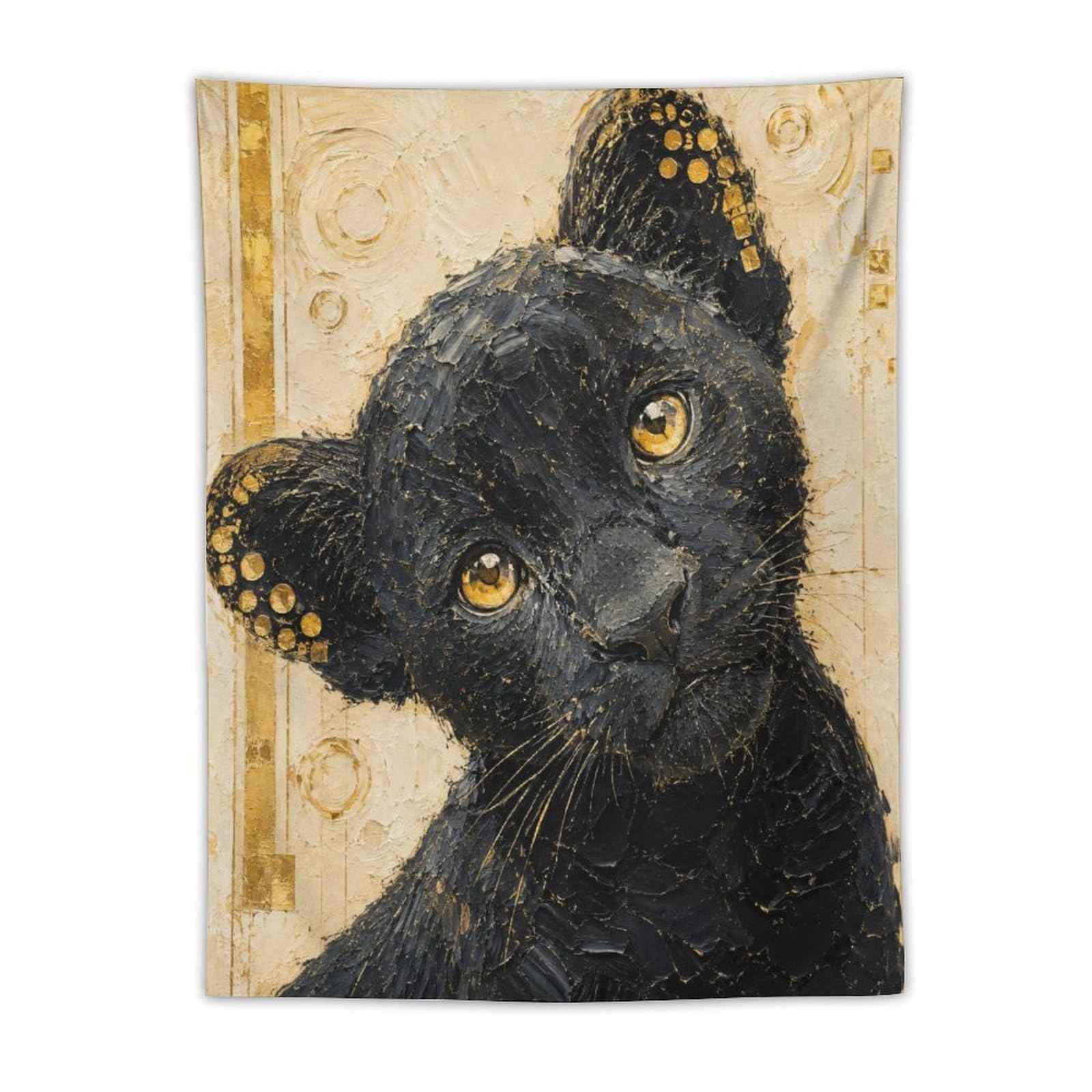 W7C8U2X3 Black Cat Portrait Wall Tapestry, Realistic Illustration Style