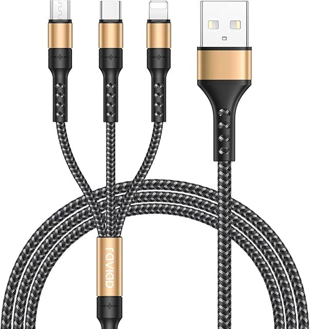 RAVIAD Multi Charger Cable, 3 in 1 Charger Cable [1.2M] Multiple USB Cable Nylon Braided with Micro USB Type C Lightning Cable Connector for iPhone, Android Samsung Galaxy, Huawei, Sony, Oneplus, LG
