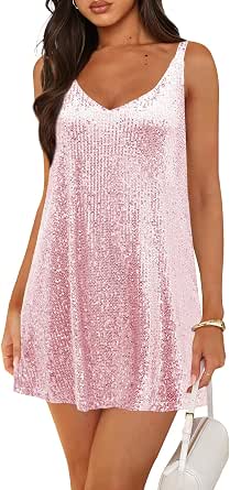Women's Sequin Dress Sparkly Glitter V-Neck Shift Cocktail Mini Dress